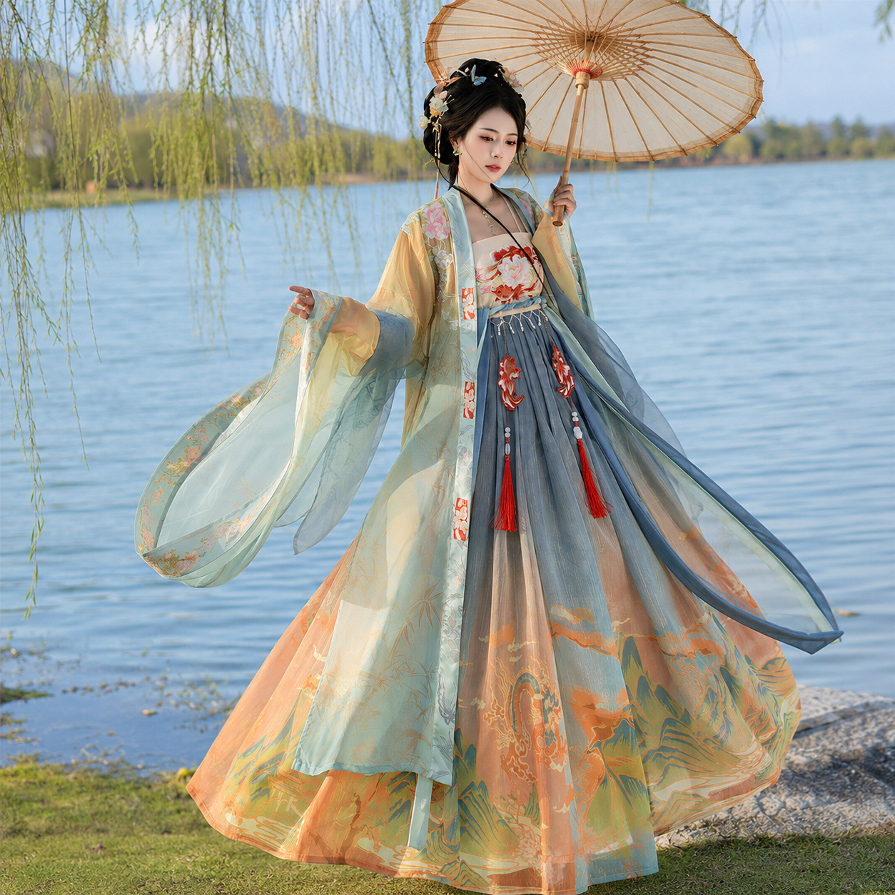 Tang Dynasty Hezi Skirt Hanfu Set with Embroidered Wide-Sleeve Robe and Qixiong Ruqun