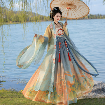 Tang Dynasty Hezi Skirt Hanfu Set with Embroidered Wide-Sleeve Robe and Qixiong Ruqun
