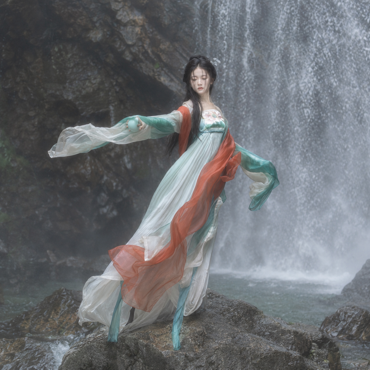 Tang Dynasty Embroidered Qixiong Hanfu Set with Daxiushan Robe and Printed Hezi Skirt