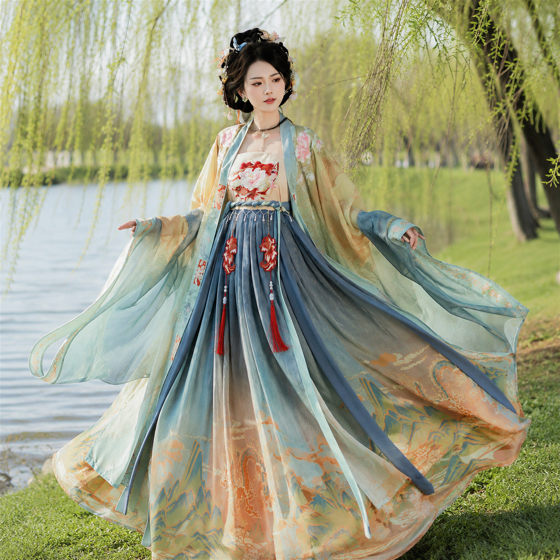 Tang Dynasty Hezi Skirt Hanfu Set with Embroidered Wide-Sleeve Robe and Qixiong Ruqun