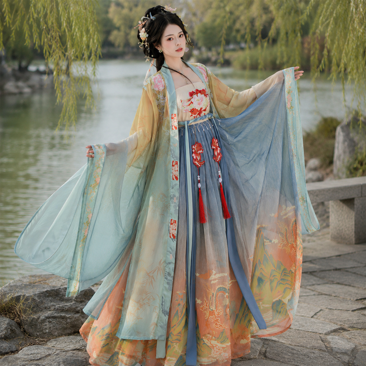 Tang Dynasty Hezi Skirt Hanfu Set with Embroidered Wide-Sleeve Robe and Qixiong Ruqun
