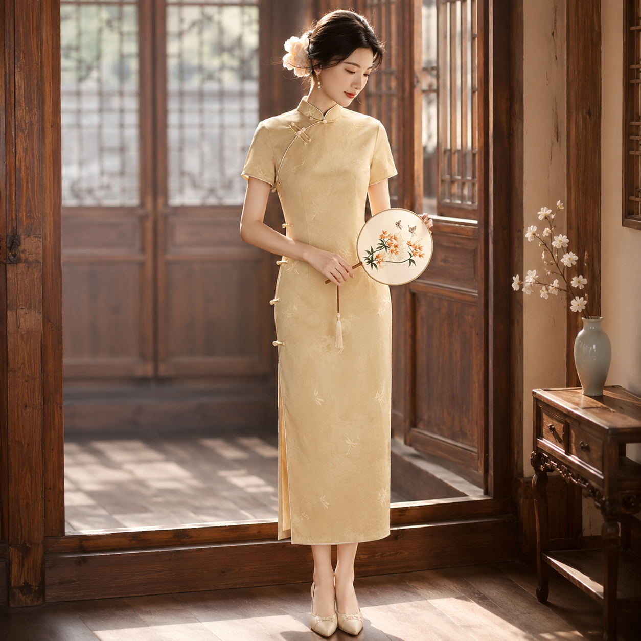 Elegant Modern Chinese Style Qipao Dress, Summer Slim Fit Midi Dress
