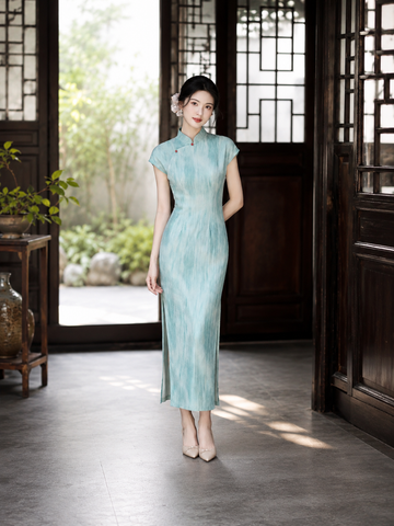 Blue-Green Modern Chinese Style Qipao Dress, Elegant Summer Midi Dress