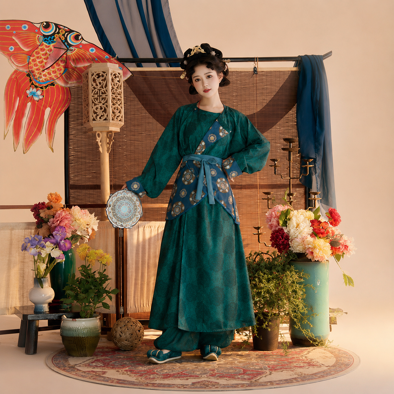 Tang Dynasty Colorblock Yuanling Pao Hanfu Set with Lantern Pants – Unisex Couple Outfit