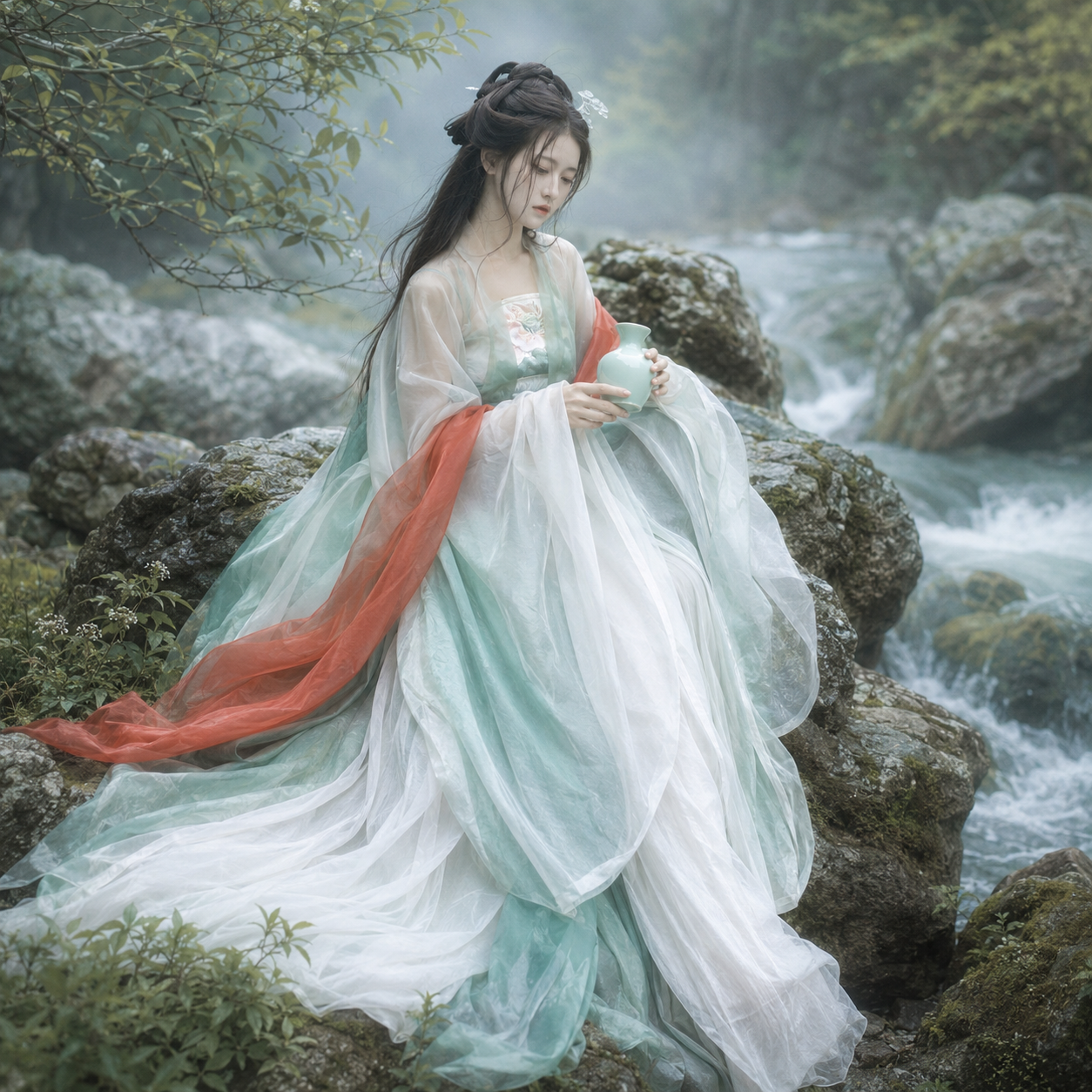 Tang Dynasty Embroidered Qixiong Hanfu Set with Daxiushan Robe and Printed Hezi Skirt
