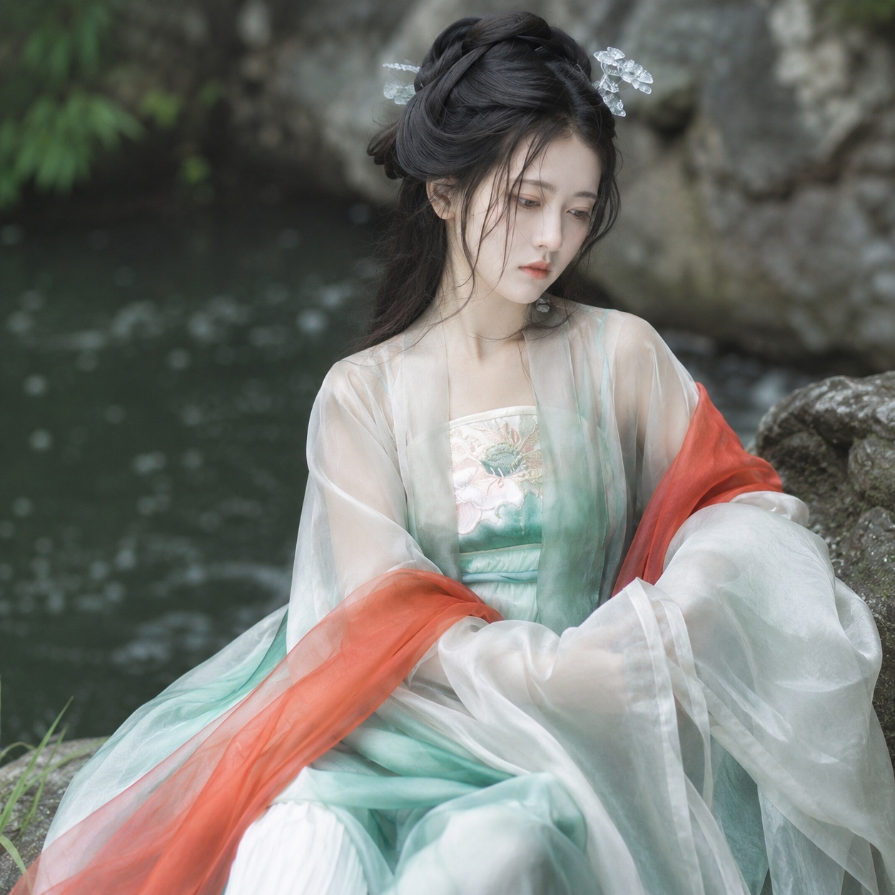Tang Dynasty Embroidered Qixiong Hanfu Set with Daxiushan Robe and Printed Hezi Skirt