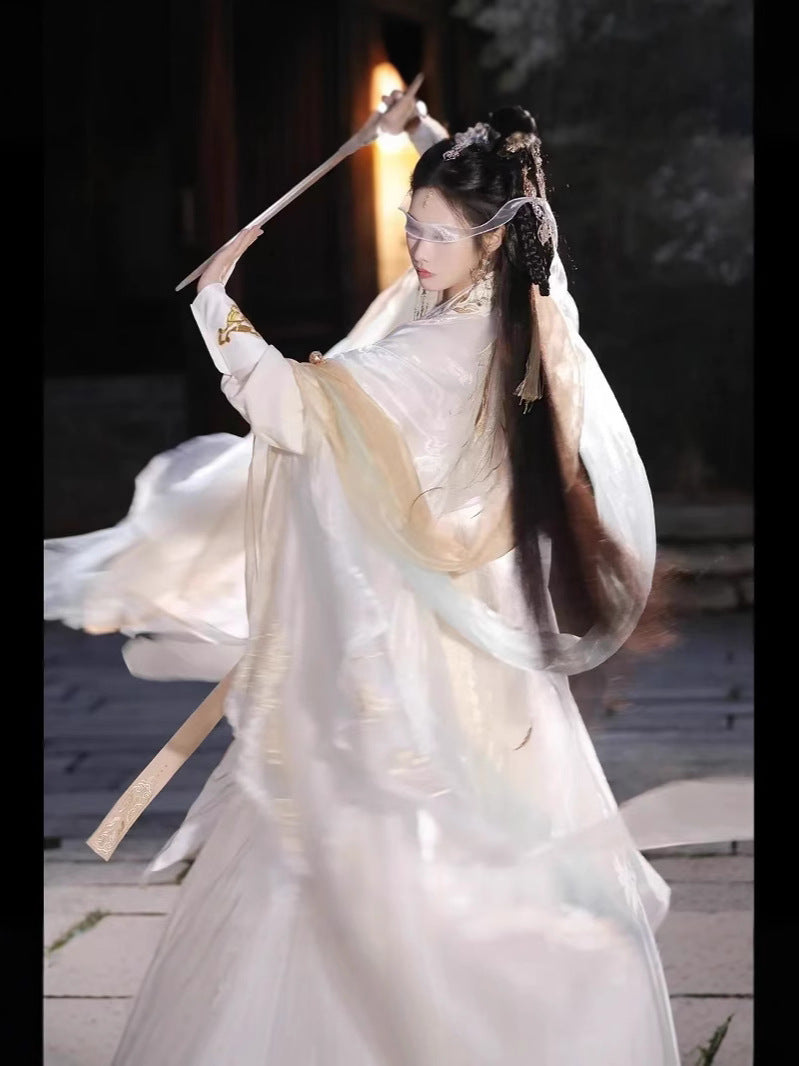 Golden Feather Song-Style Hanfu Set, Wuxia Inspired Embroidered Wide Sleeve Ruqun with Pibo Shawl
