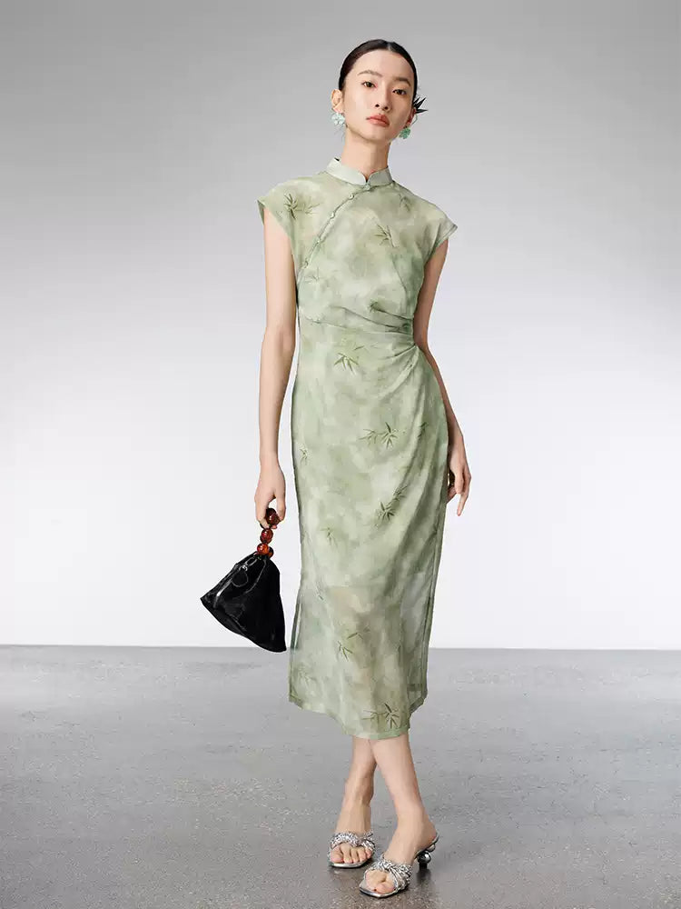 Modern Chinese Style Green Qipao Dress Set, Summer Slim Fit Two-Piece Outfit