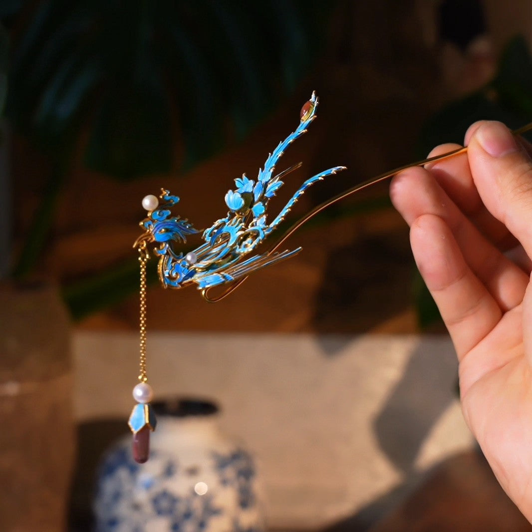 Blue Phoenix Filigree Tassel Hair Stick – Traditional Chinese Style Hair Accessory