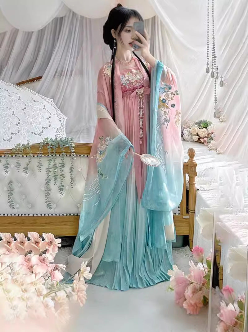 Spring Hues Tang-Style Hanfu Dress Set with Embroidered Wide Sleeve Top, Hezi Skirt & Pibo Shawl