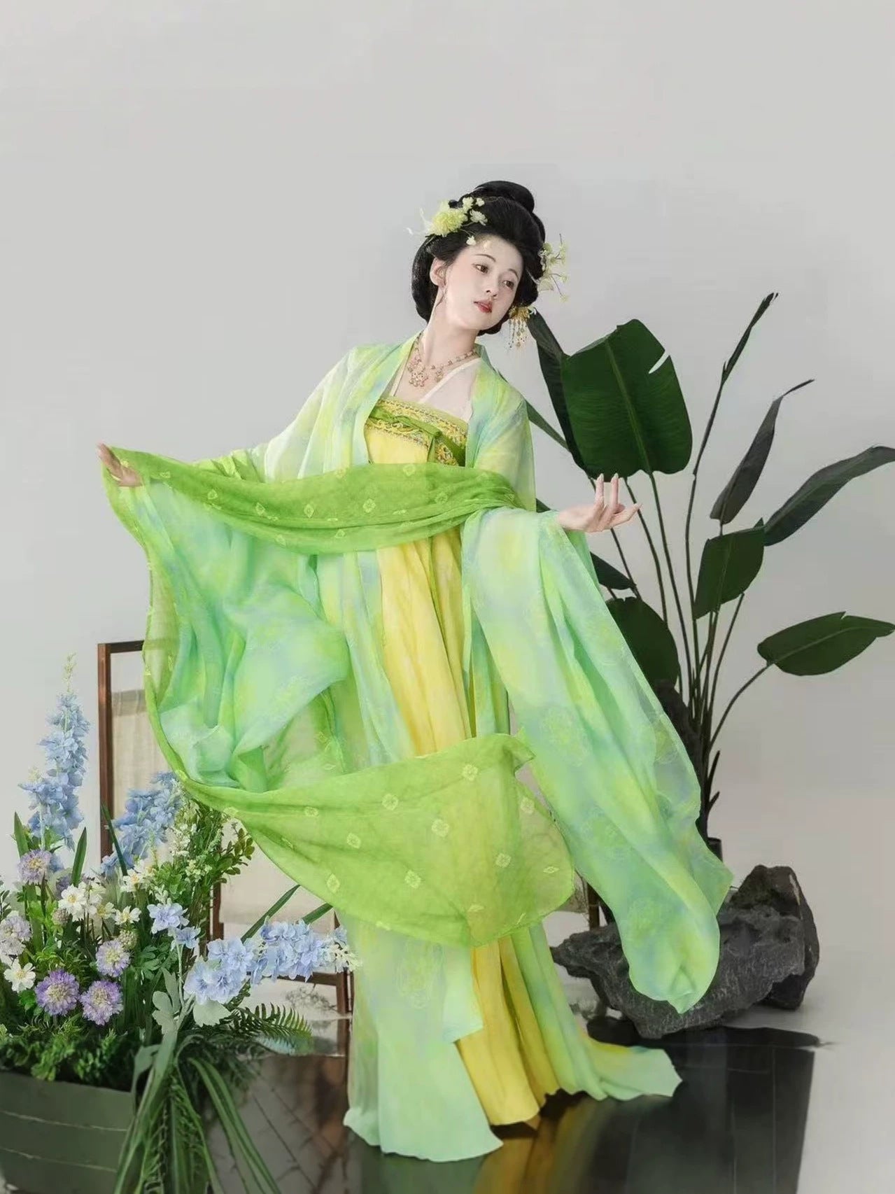 Shimmering Dream Tang-Style Qixiong Hanfu Set with Printed Skirt, Embroidered Wide Sleeve Top & Pibo Shawl