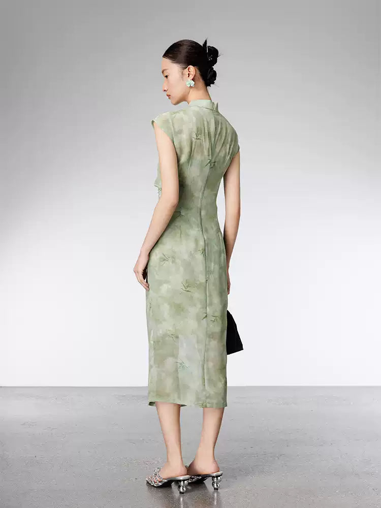 Modern Chinese Style Green Qipao Dress Set, Summer Slim Fit Two-Piece Outfit