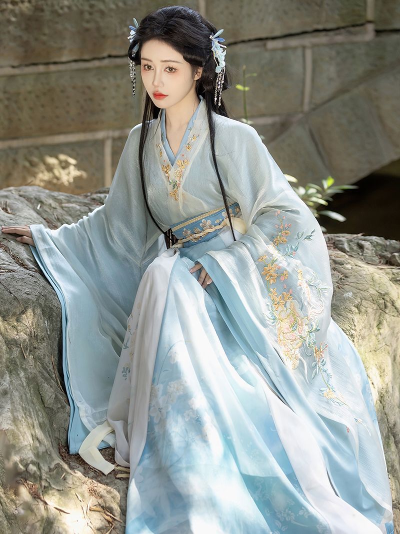 Spring Breeze Hanfu Dress Set with Embroidered Wide Sleeve Top, Cross-Collar Inner Layer & Paneled Ruqun Skirt