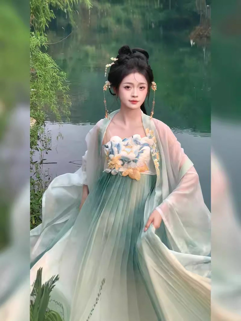 Tang-Style Hanfu Hezi Skirt Set with Embroidered Wide Sleeve Top