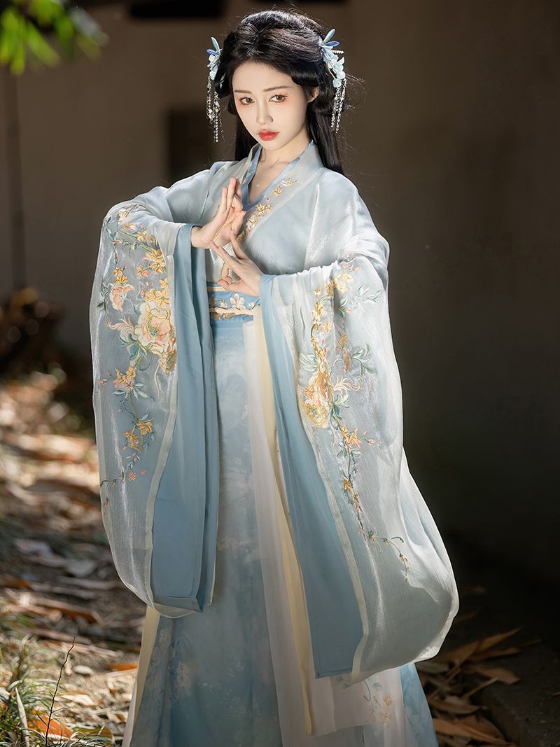 Spring Breeze Hanfu Dress Set with Embroidered Wide Sleeve Top, Cross-Collar Inner Layer & Paneled Ruqun Skirt
