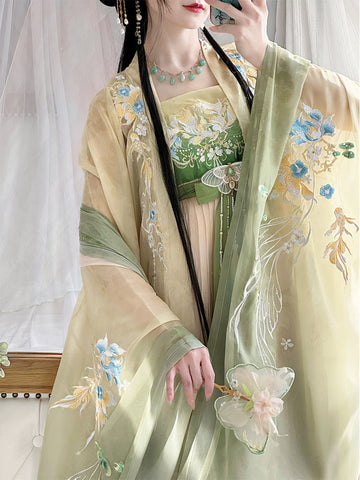 Spring Hues Tang-Style Hanfu Dress Set with Embroidered Wide Sleeve Top, Hezi Skirt & Pibo Shawl