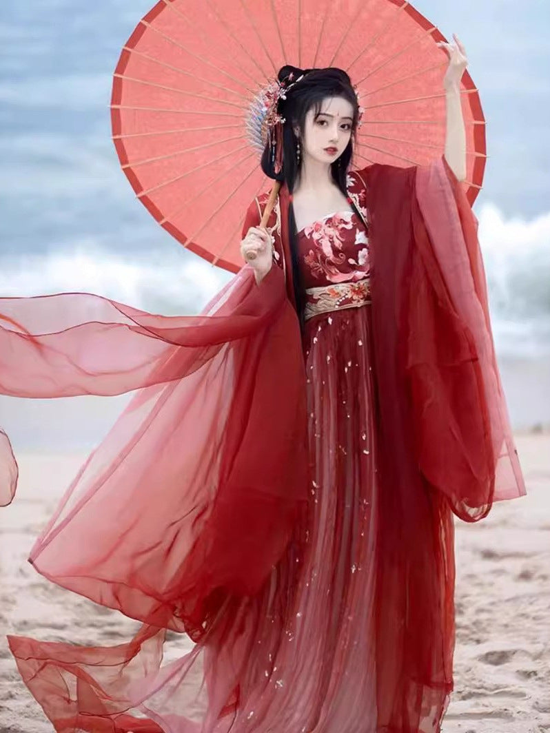Nine-Tailed Fox Tang-Style Hanfu Dress Set with Heavy Embroidery, Wide Sleeve Top & Hezi Skirt