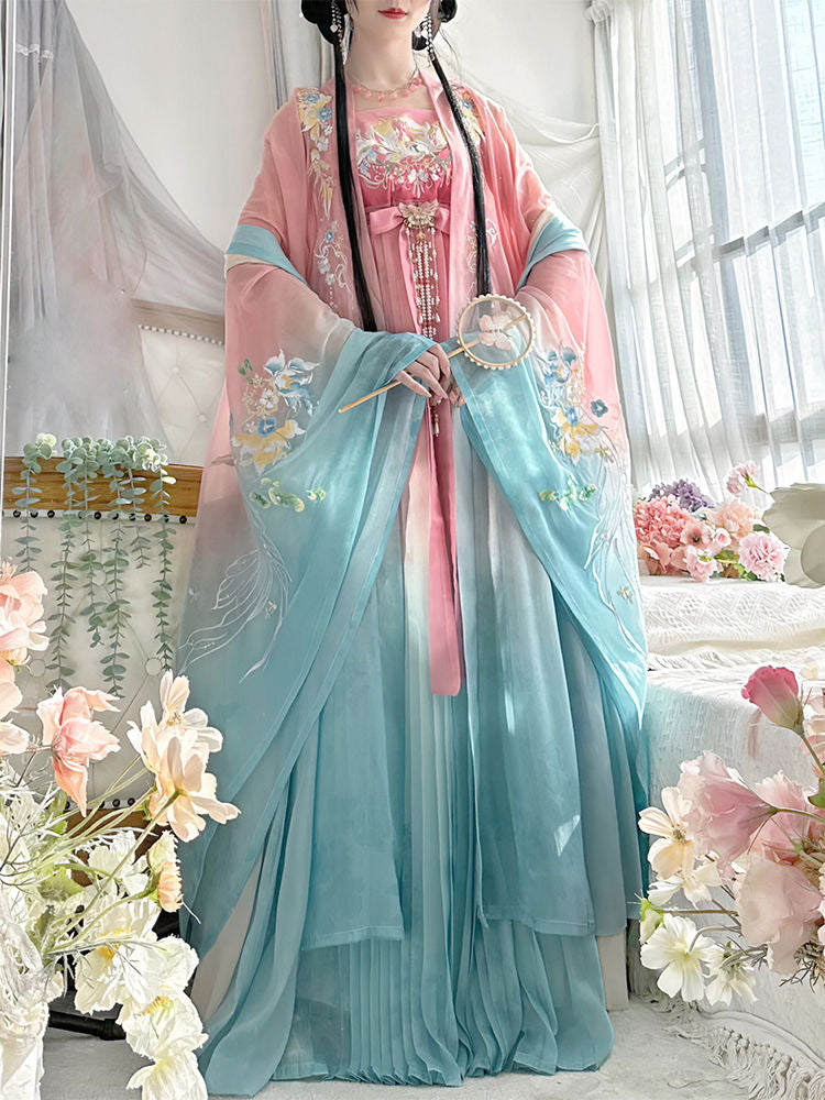 Spring Hues Tang-Style Hanfu Dress Set with Embroidered Wide Sleeve Top, Hezi Skirt & Pibo Shawl