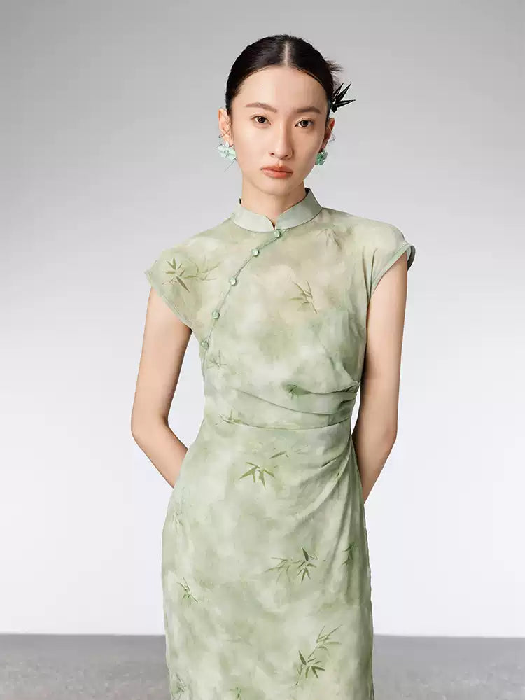 Modern Chinese Style Green Qipao Dress Set, Summer Slim Fit Two-Piece Outfit