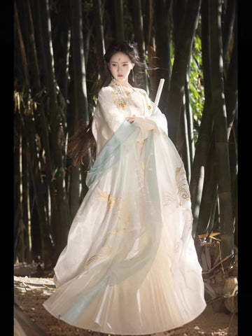 Golden Feather Song-Style Hanfu Set, Wuxia Inspired Embroidered Wide Sleeve Ruqun with Pibo Shawl