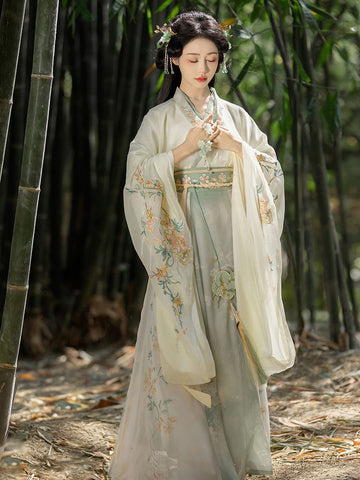 Spring Breeze Hanfu Dress Set with Embroidered Wide Sleeve Top, Cross-Collar Inner Layer & Paneled Ruqun Skirt