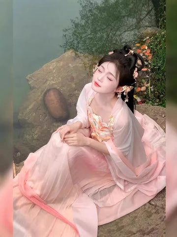Tang-Style Hanfu Hezi Skirt Set with Embroidered Wide Sleeve Top