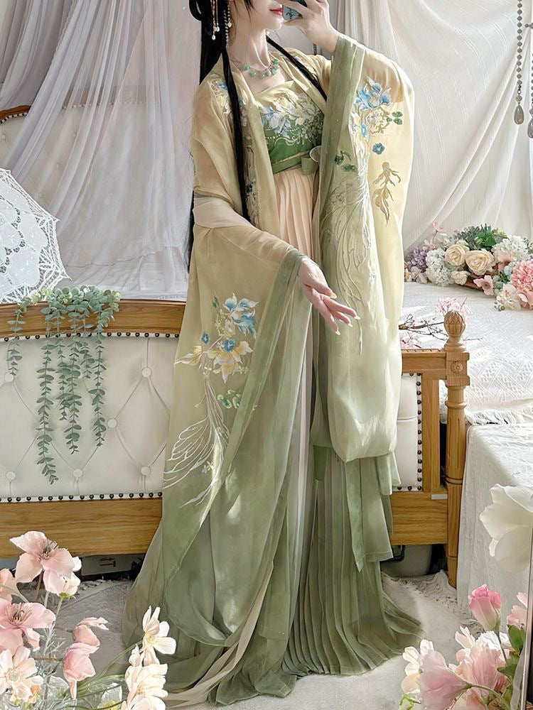 Spring Hues Tang-Style Hanfu Dress Set with Embroidered Wide Sleeve Top, Hezi Skirt & Pibo Shawl