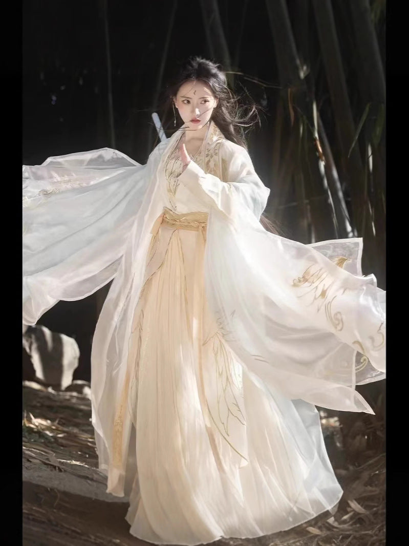 Golden Feather Song-Style Hanfu Set, Wuxia Inspired Embroidered Wide Sleeve Ruqun with Pibo Shawl