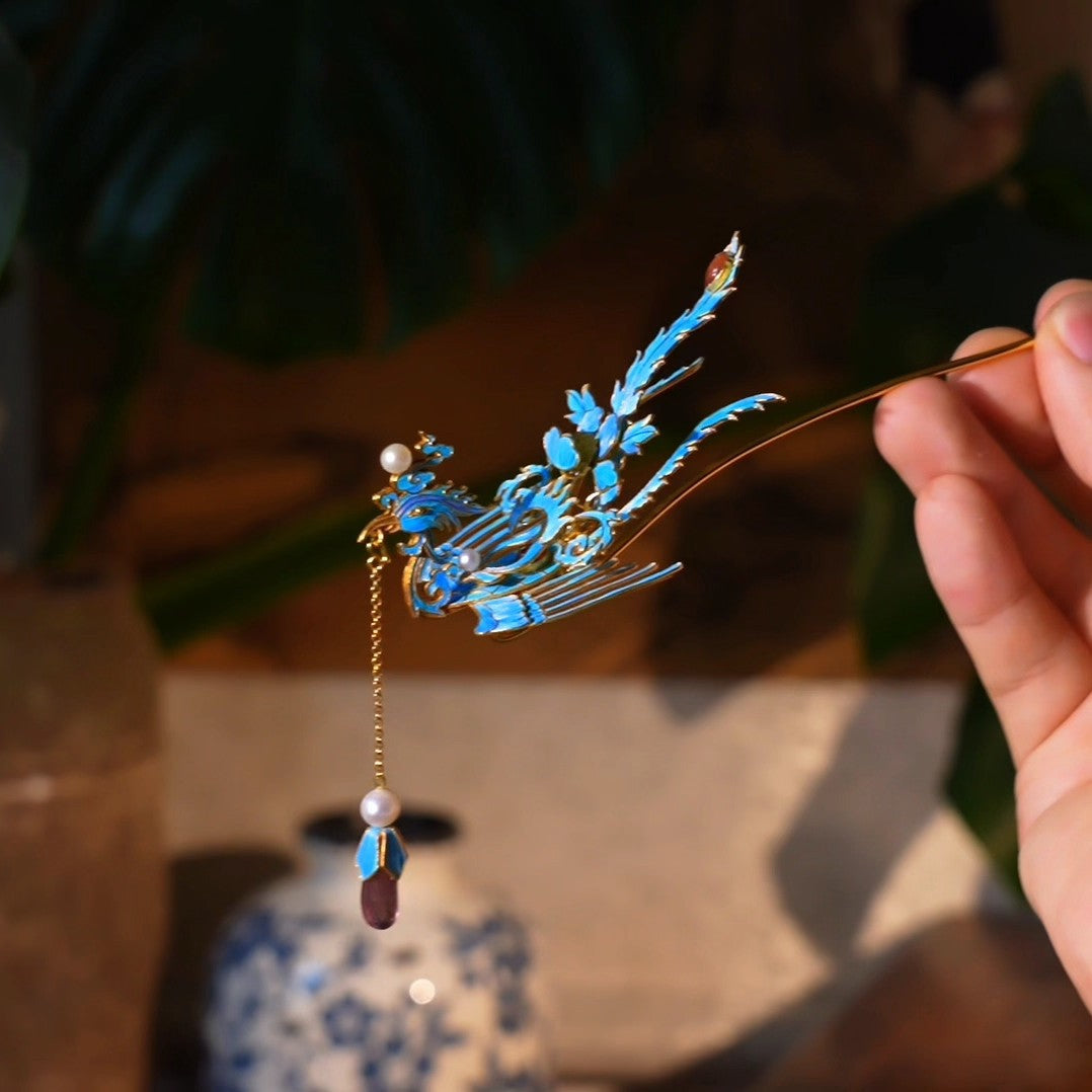 Blue Phoenix Filigree Tassel Hair Stick – Traditional Chinese Style Hair Accessory