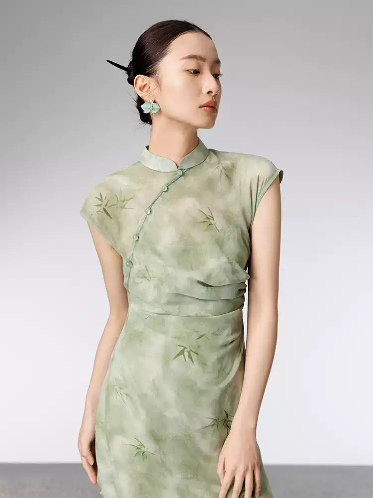 Modern Chinese Style Green Qipao Dress Set, Summer Slim Fit Two-Piece Outfit