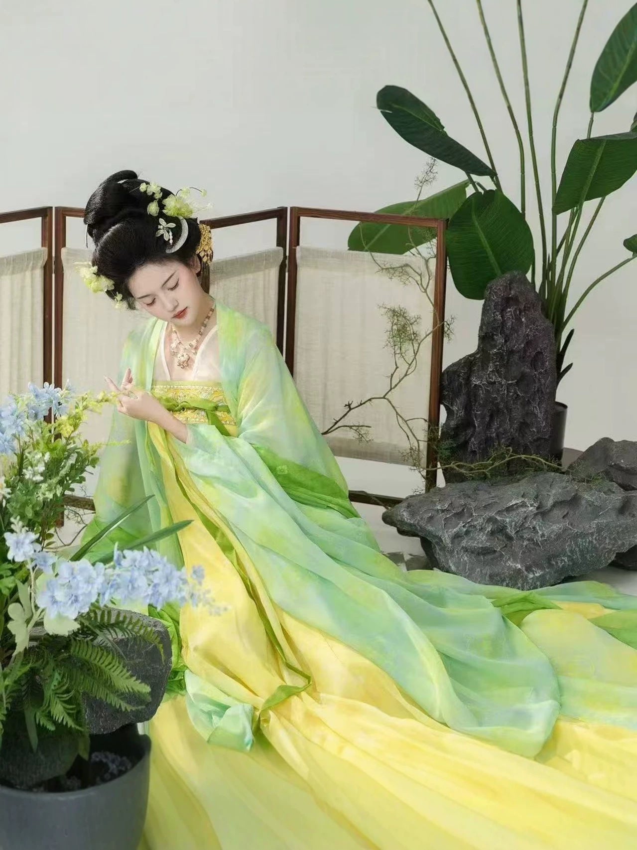 Shimmering Dream Tang-Style Qixiong Hanfu Set with Printed Skirt, Embroidered Wide Sleeve Top & Pibo Shawl