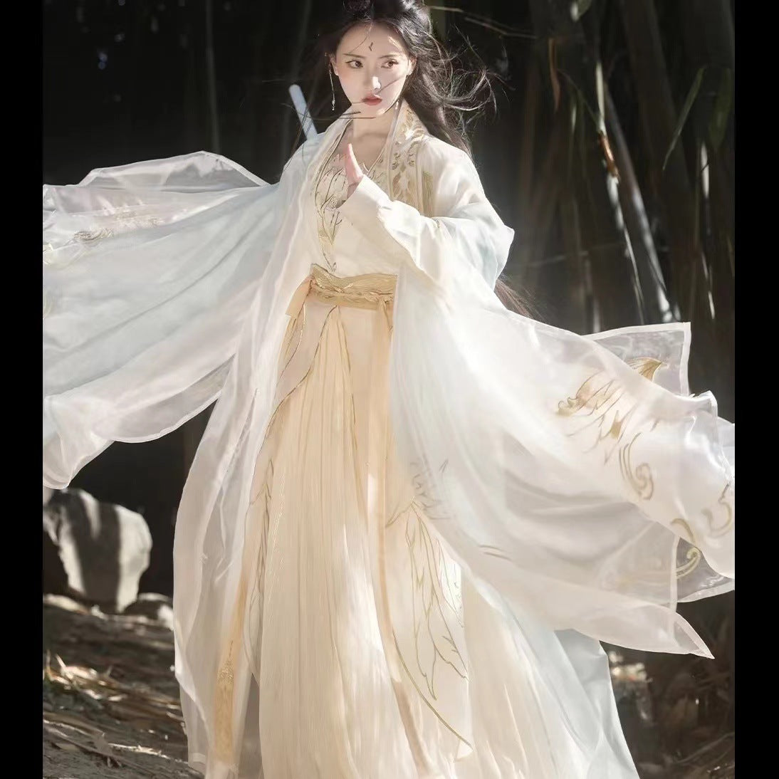 Golden Feather Song-Style Hanfu Set, Wuxia Inspired Embroidered Wide Sleeve Ruqun with Pibo Shawl