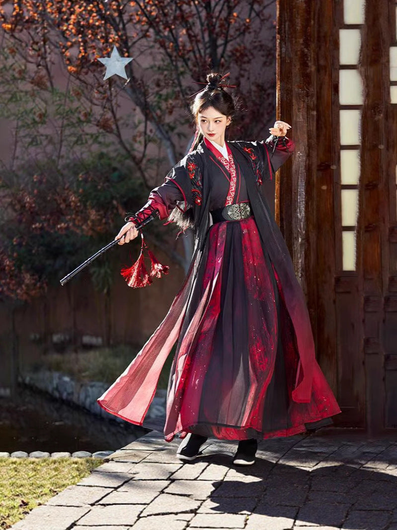 Red Dust Ode Unisex Hanfu Set, Red & Black Xia Ke Style Chinese Costume with Wide Sleeve Robe