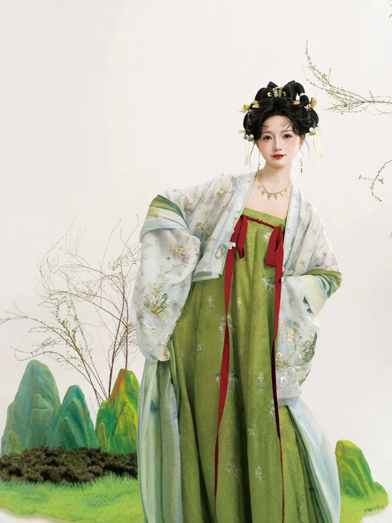 Little Deer Horn Tang-Style Qixiong Hanfu Set with Wide Sleeve Top, Inner Layer & Skirt