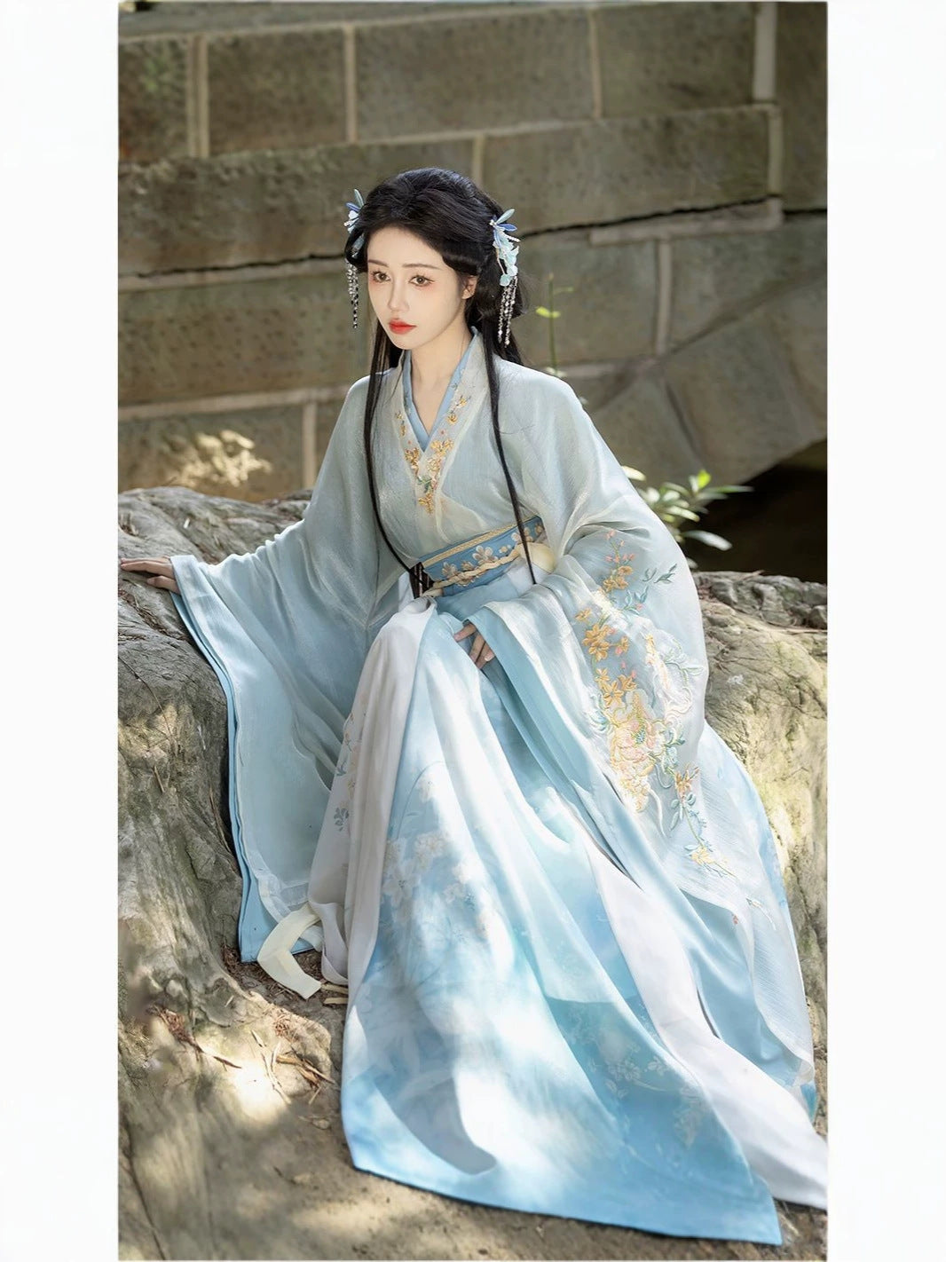 Spring Breeze Hanfu Dress Set with Embroidered Wide Sleeve Top, Cross-Collar Inner Layer & Paneled Ruqun Skirt