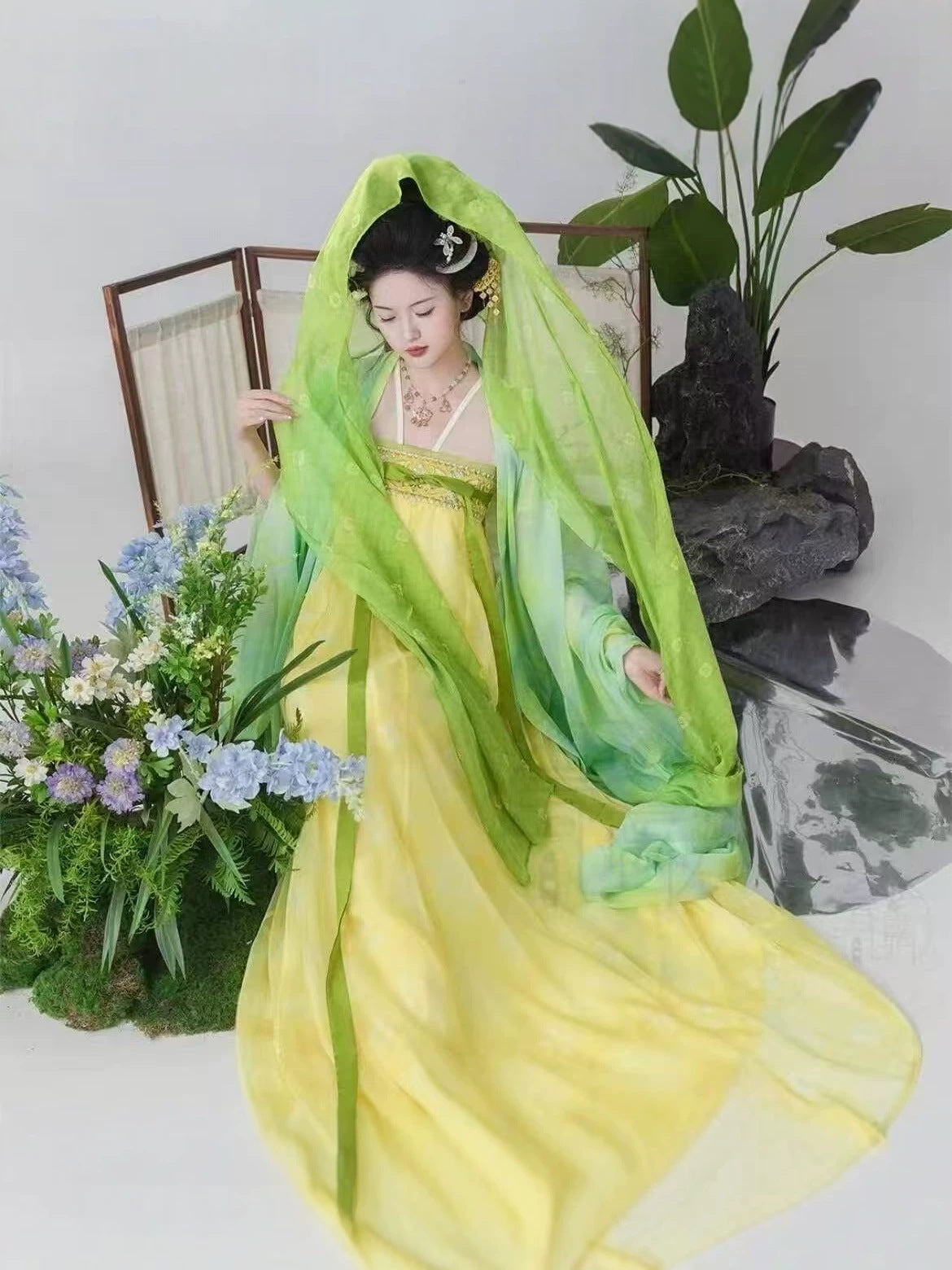 Shimmering Dream Tang-Style Qixiong Hanfu Set with Printed Skirt, Embroidered Wide Sleeve Top & Pibo Shawl