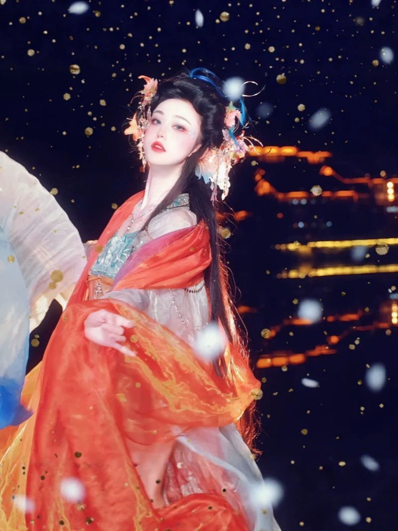 Dreamlike Mirage Tang-Style Hanfu Set with Butterfly Embroidery, Flowing Panels & Hezi Skirt