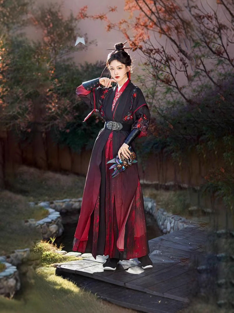 Red Dust Ode Unisex Hanfu Set, Red & Black Xia Ke Style Chinese Costume with Wide Sleeve Robe
