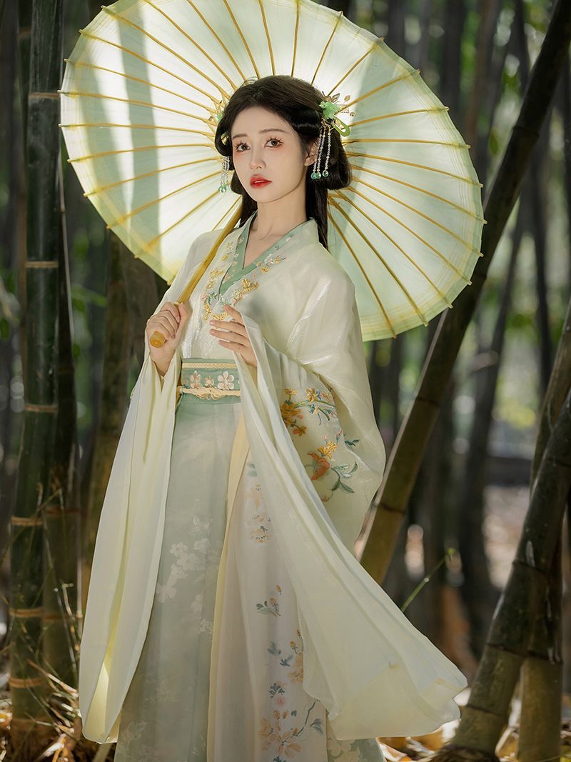 Spring Breeze Hanfu Dress Set with Embroidered Wide Sleeve Top, Cross-Collar Inner Layer & Paneled Ruqun Skirt
