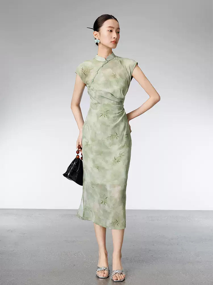 Modern Chinese Style Green Qipao Dress Set, Summer Slim Fit Two-Piece Outfit