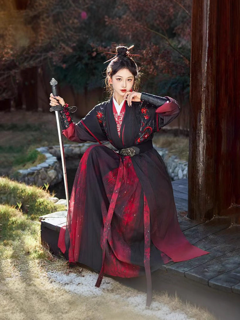 Red Dust Ode Unisex Hanfu Set, Red & Black Xia Ke Style Chinese Costume with Wide Sleeve Robe