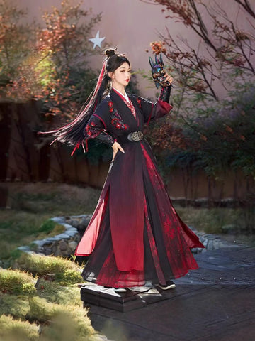 Red Dust Ode Unisex Hanfu Set, Red & Black Xia Ke Style Chinese Costume with Wide Sleeve Robe