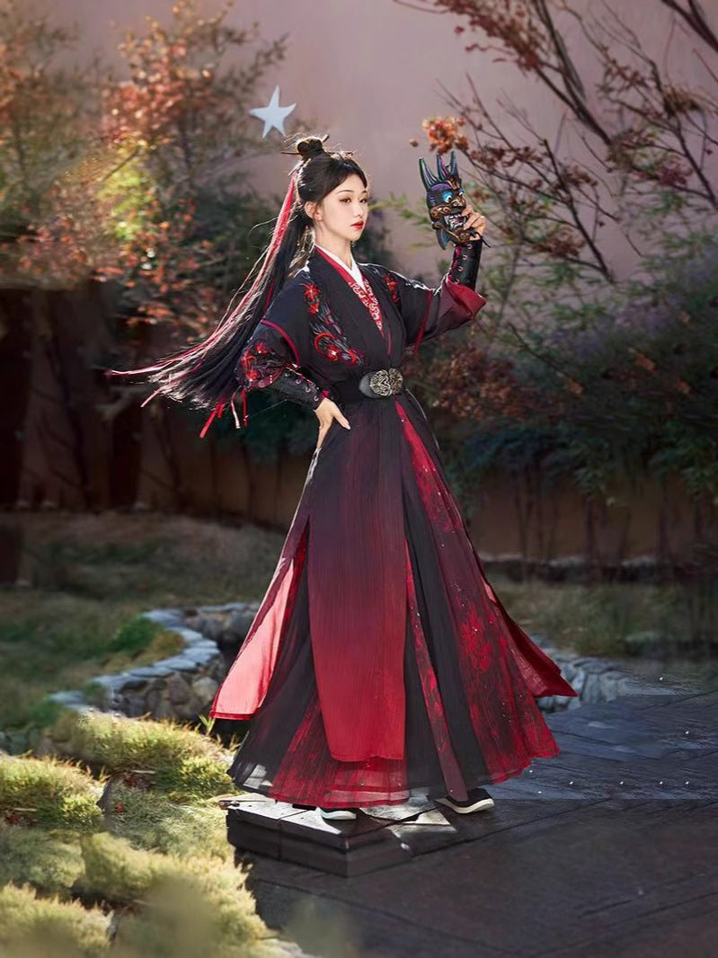 Red Dust Ode Unisex Hanfu Set, Red & Black Xia Ke Style Chinese Costume with Wide Sleeve Robe