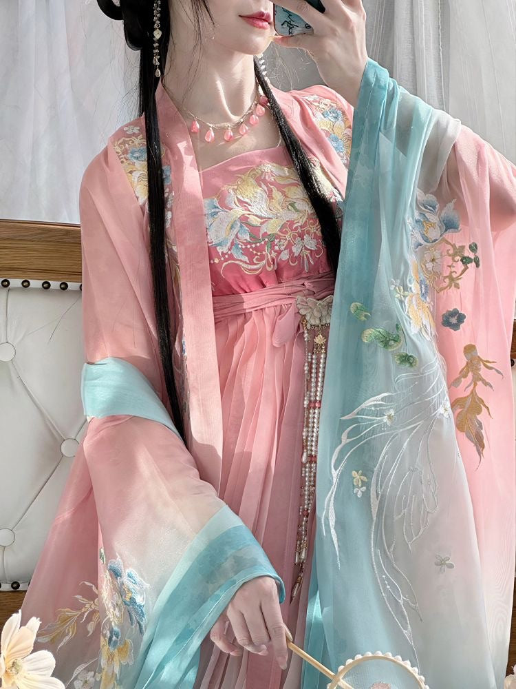 Spring Hues Tang-Style Hanfu Dress Set with Embroidered Wide Sleeve Top, Hezi Skirt & Pibo Shawl