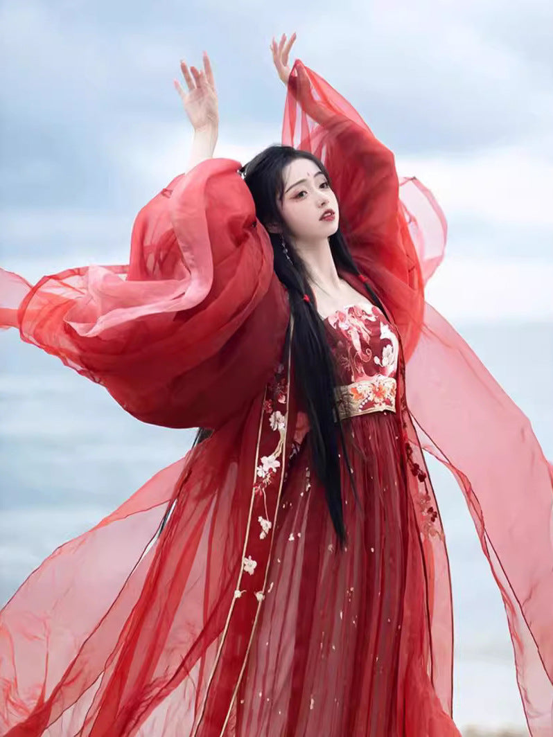 Nine-Tailed Fox Tang-Style Hanfu Dress Set with Heavy Embroidery, Wide Sleeve Top & Hezi Skirt