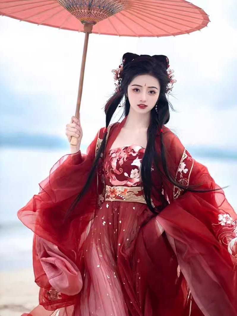 Nine-Tailed Fox Tang-Style Hanfu Dress Set with Heavy Embroidery, Wide Sleeve Top & Hezi Skirt
