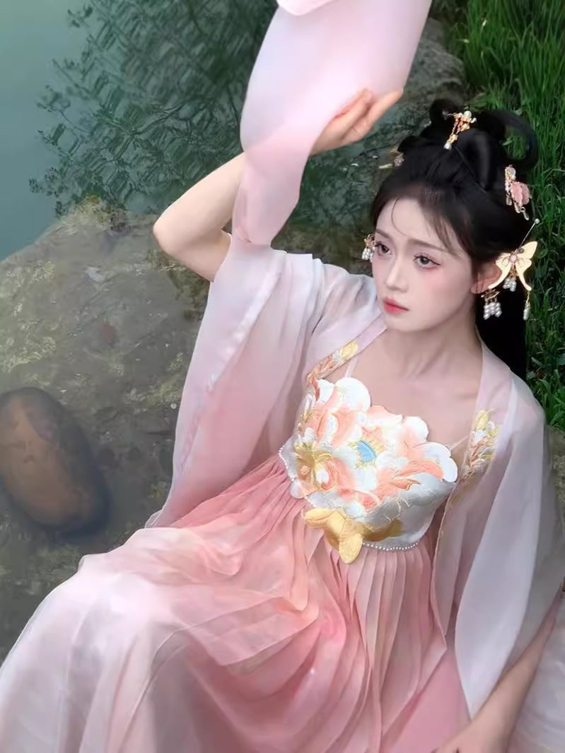 Tang-Style Hanfu Hezi Skirt Set with Embroidered Wide Sleeve Top