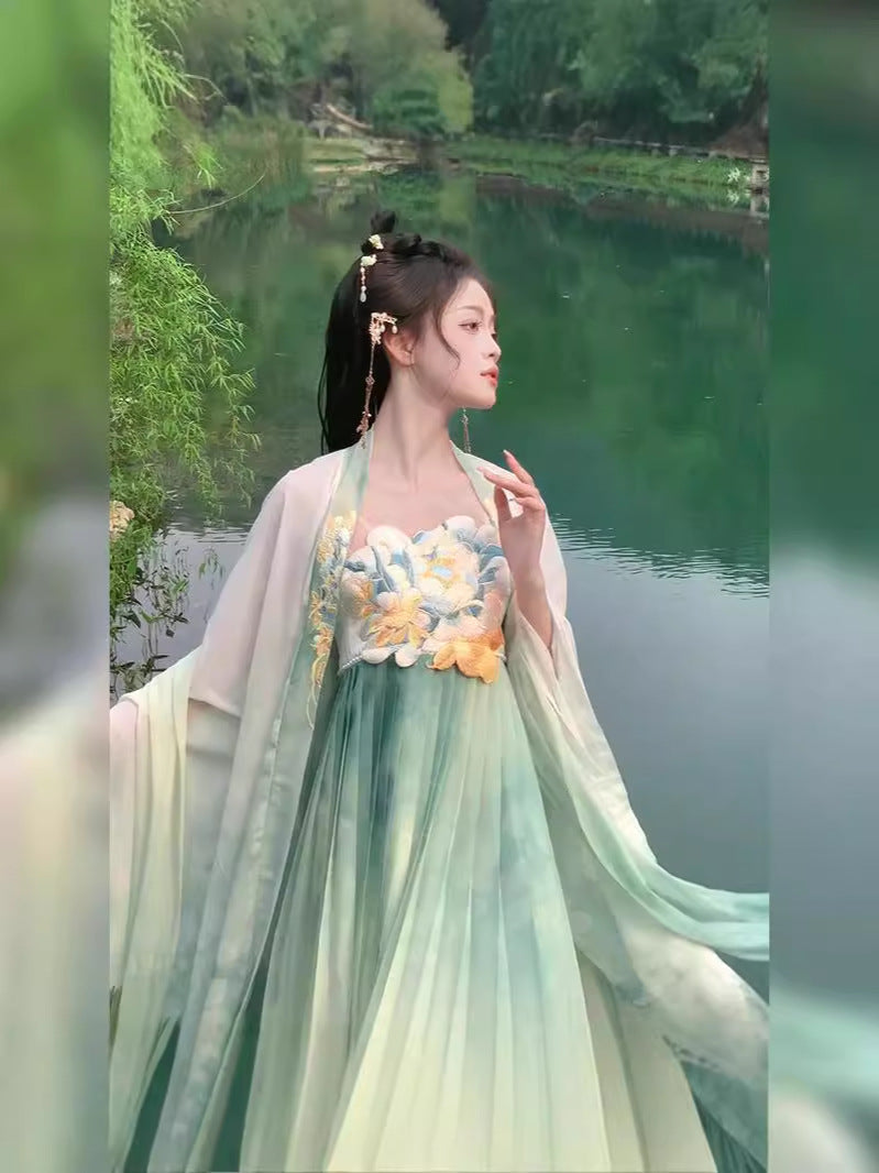 Tang-Style Hanfu Hezi Skirt Set with Embroidered Wide Sleeve Top