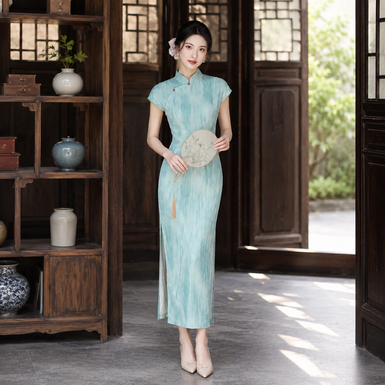 Blue-Green Modern Chinese Style Qipao Dress, Elegant Summer Midi Dress