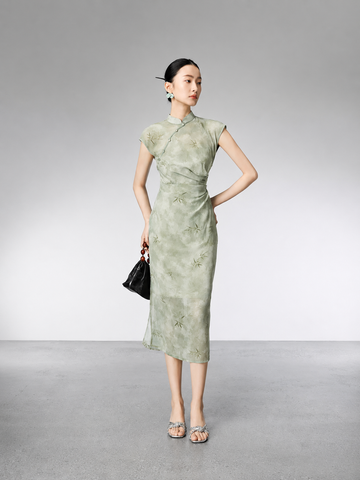 Modern Chinese Style Green Qipao Dress Set, Summer Slim Fit Two-Piece Outfit